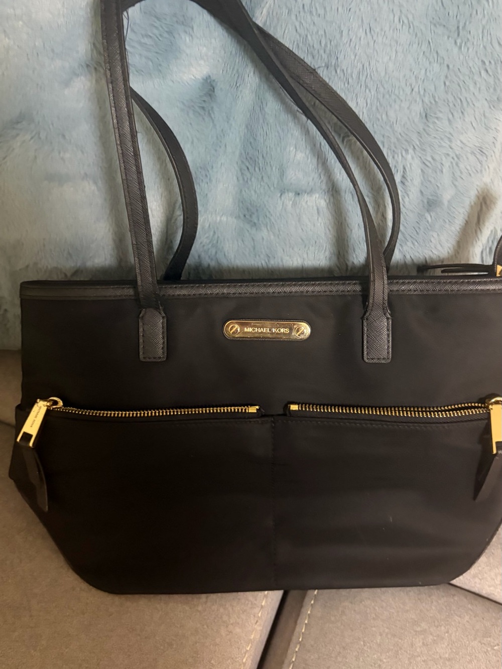 Michael Kors Black Tote with Gold Hardware and Front Zips